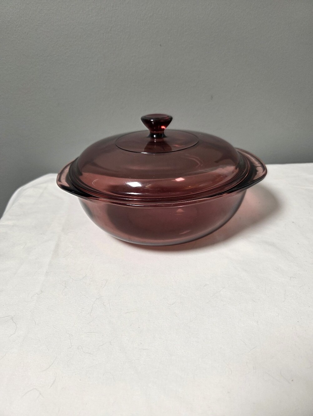 Round casserole Dish Cranberry color Glass